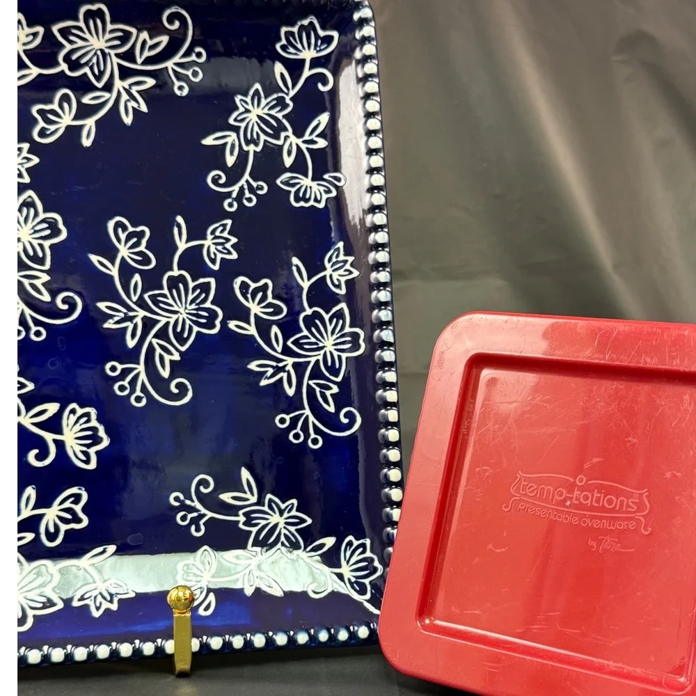 Temp-tations Tara Blue Floral Lace Serving Tray with Red Ramekin Set